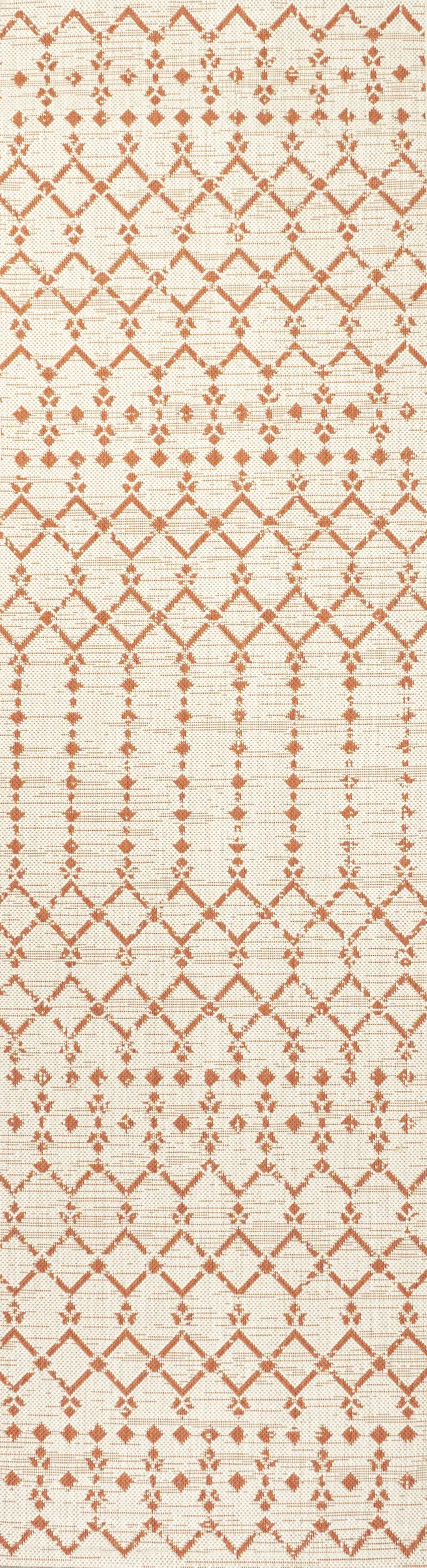 8' Cream And Orange Trellis Indoor Outdoor Runner Rug Photo 1