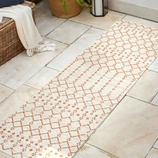 8' Cream And Orange Trellis Indoor Outdoor Runner Rug Photo 5