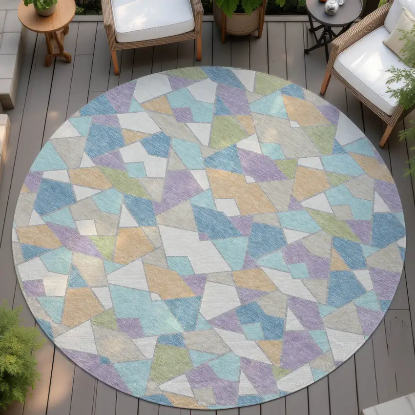 8' Cream And Teal Blue Round Geometric Washable Indoor Outdoor Area Rug Photo 4