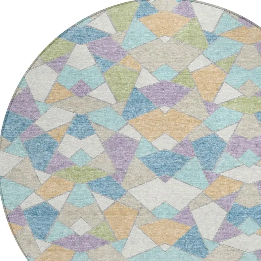 8' Cream And Teal Blue Round Geometric Washable Indoor Outdoor Area Rug Photo 2