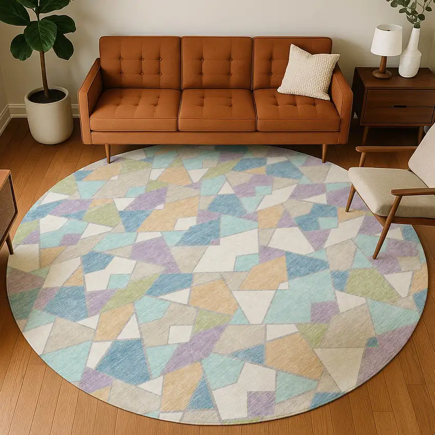 8' Cream And Teal Blue Round Geometric Washable Indoor Outdoor Area Rug Photo 5