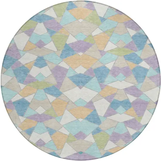 8' Cream And Teal Blue Round Geometric Washable Indoor Outdoor Area Rug Photo 1