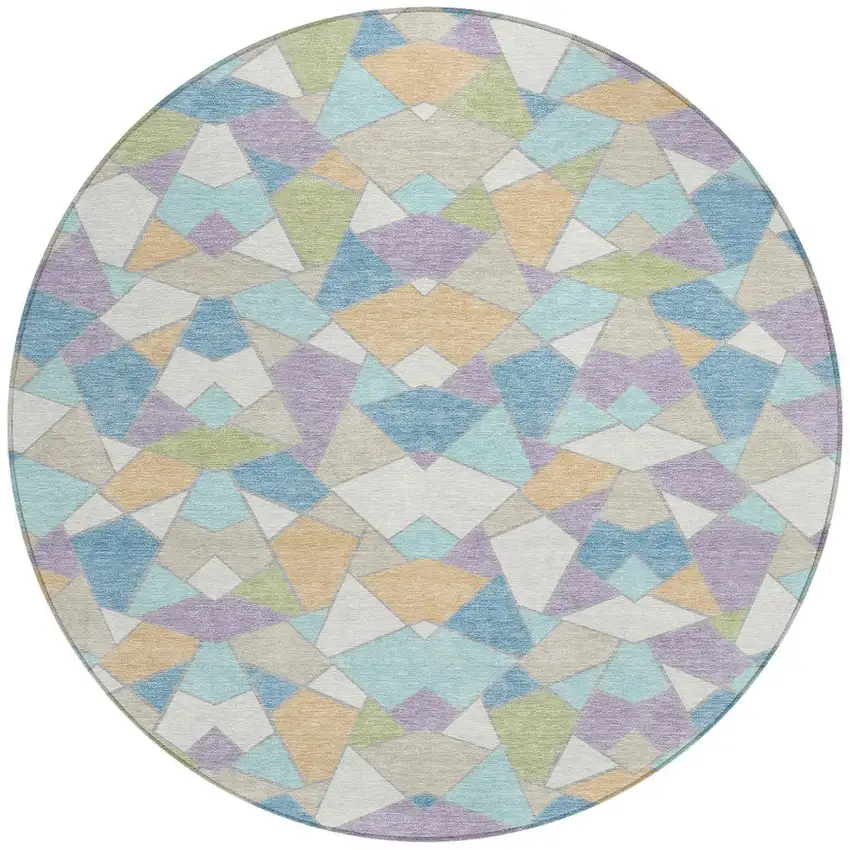 8' Cream And Teal Blue Round Geometric Washable Indoor Outdoor Area Rug Photo 3