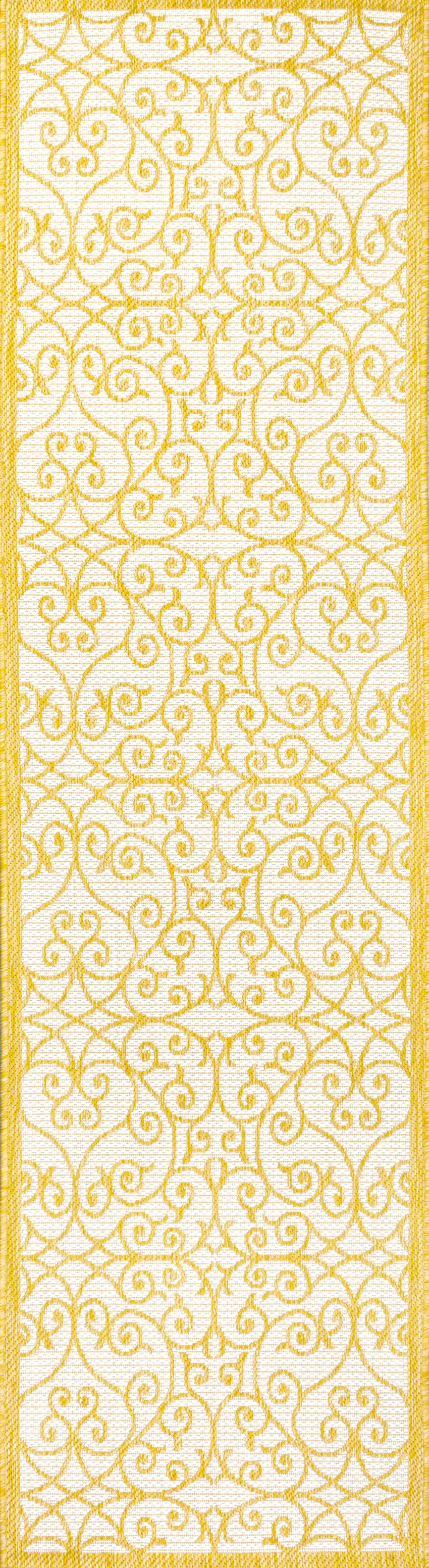 10' Cream And Yellow Geometric Indoor Outdoor Runner Rug Photo 1