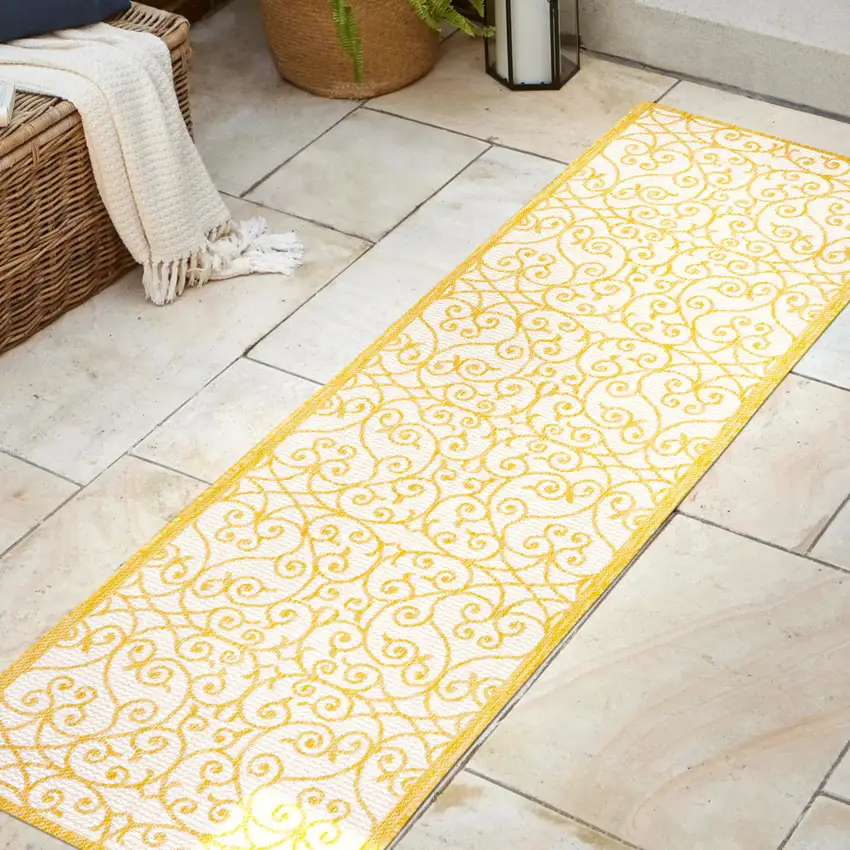 10' Cream And Yellow Geometric Indoor Outdoor Runner Rug Photo 3
