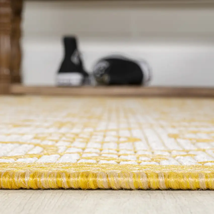 8' Cream And Yellow Geometric Indoor Outdoor Runner Rug Photo 8