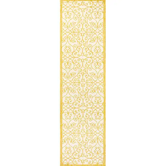 8' Cream And Yellow Geometric Indoor Outdoor Runner Rug Photo 1