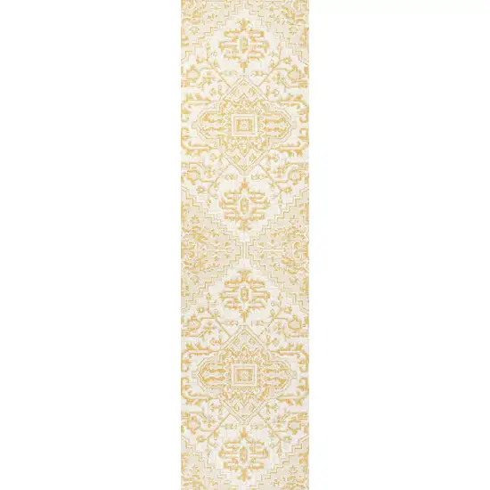 10' Cream And Yellow Medallion Indoor Outdoor Runner Rug Photo 1