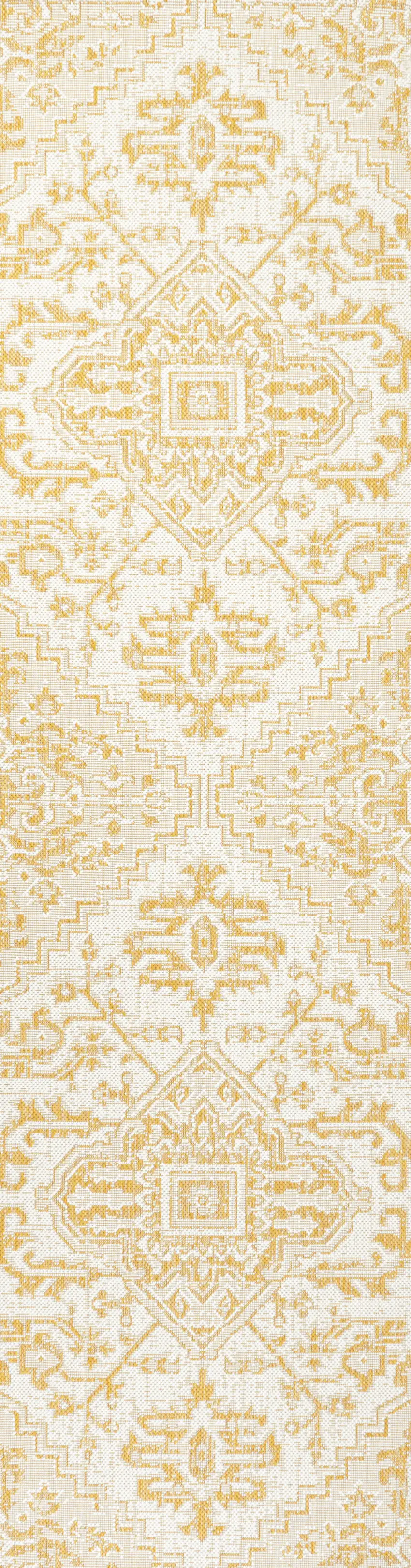 10' Cream And Yellow Medallion Indoor Outdoor Runner Rug Photo 1