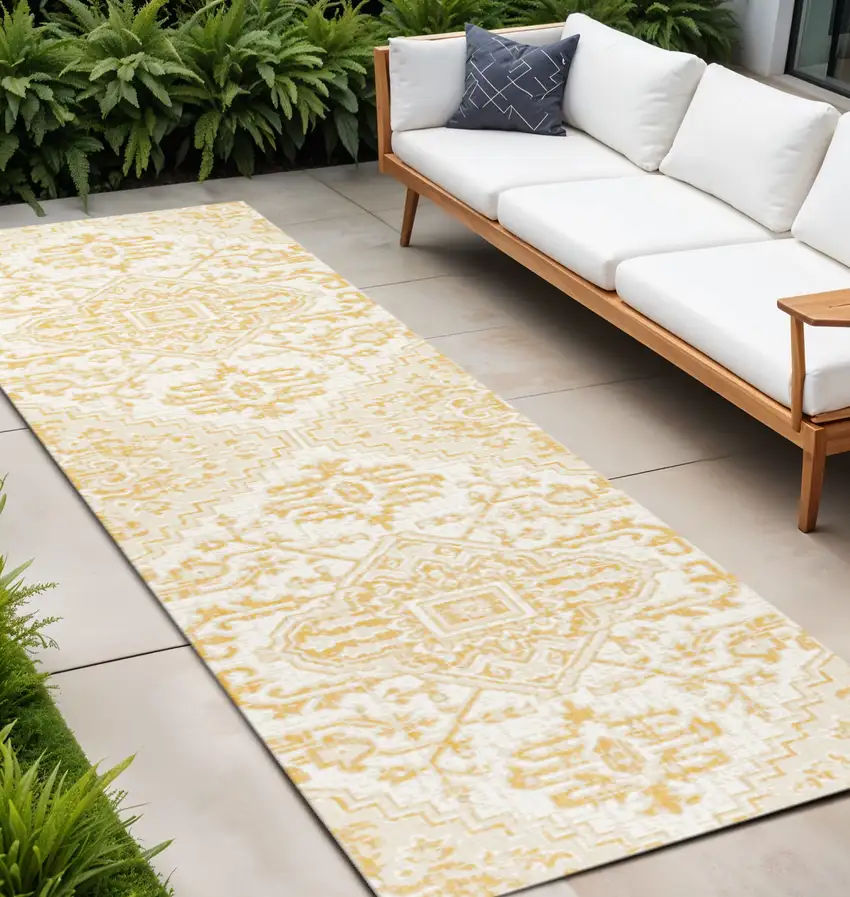8' Cream And Yellow Medallion Indoor Outdoor Runner Rug Photo 1
