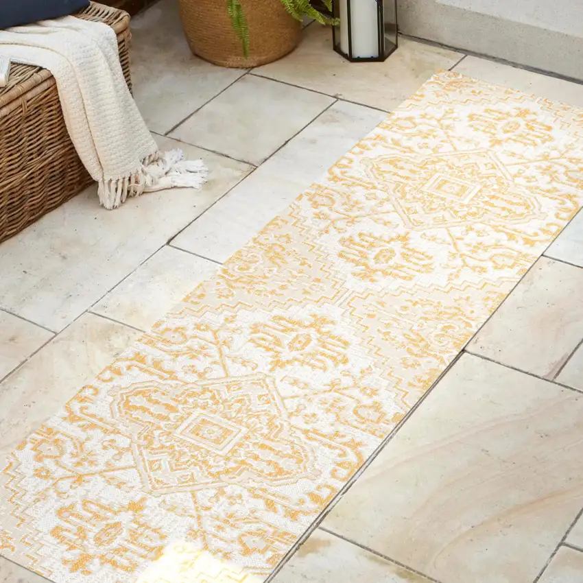 8' Cream And Yellow Medallion Indoor Outdoor Runner Rug Photo 5