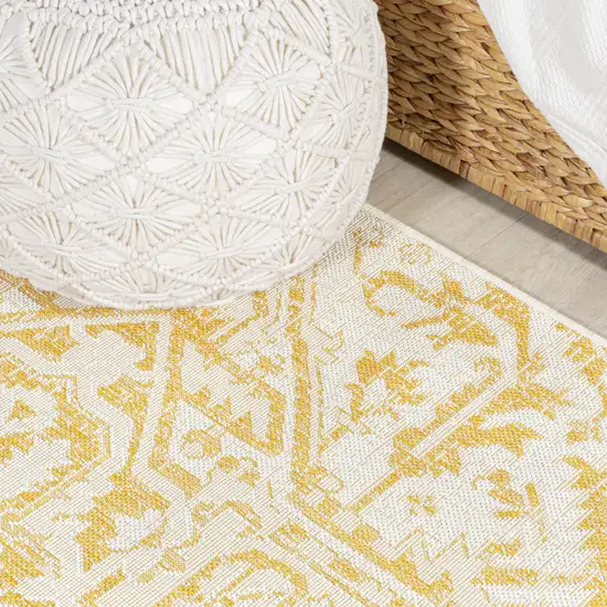 8' Cream And Yellow Medallion Indoor Outdoor Runner Rug Photo 8