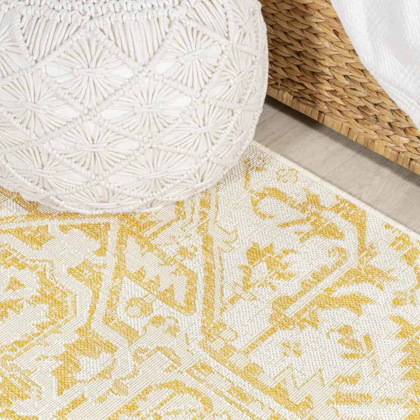 8' Cream And Yellow Medallion Indoor Outdoor Runner Rug Photo 8