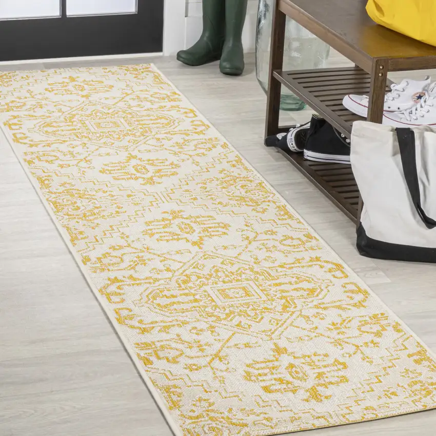8' Cream And Yellow Medallion Indoor Outdoor Runner Rug Photo 4