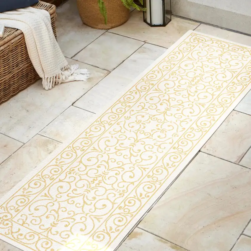 10' Cream And Yellow Medallion Indoor Outdoor Runner Rug Photo 5