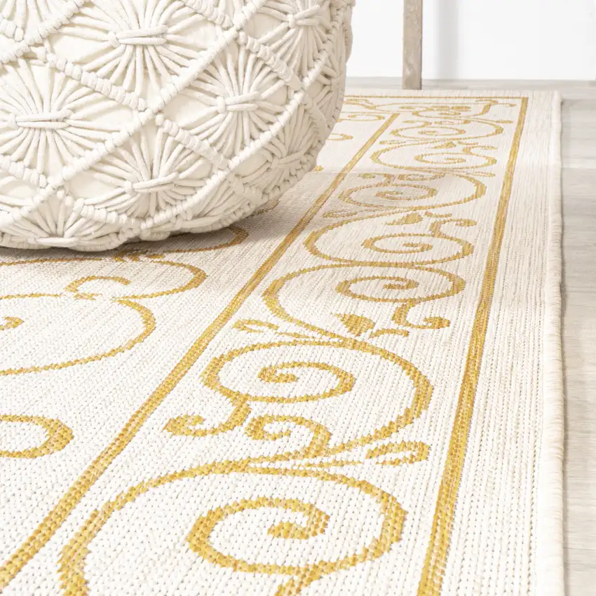 10' Cream And Yellow Medallion Indoor Outdoor Runner Rug Photo 8
