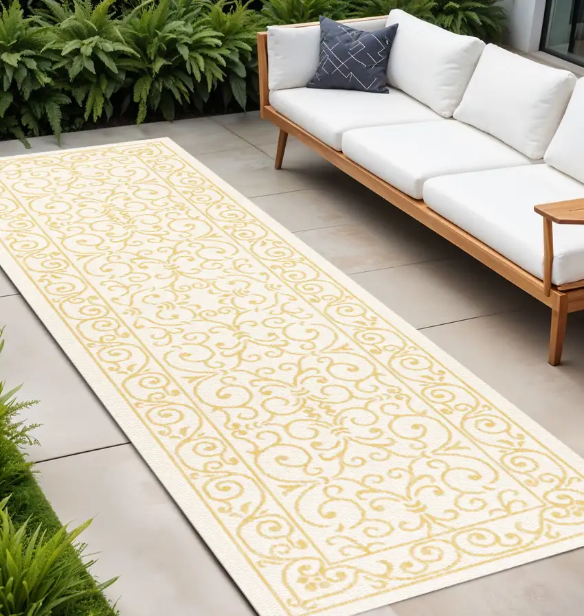10' Cream And Yellow Medallion Indoor Outdoor Runner Rug Photo 1