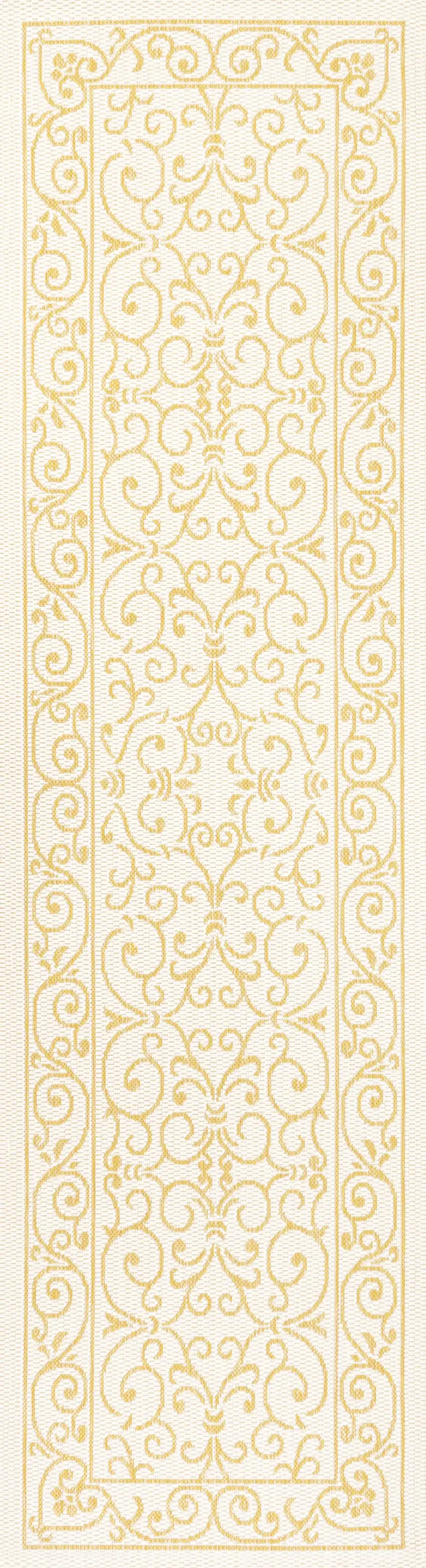 8' Cream And Yellow Medallion Indoor Outdoor Runner Rug Photo 1