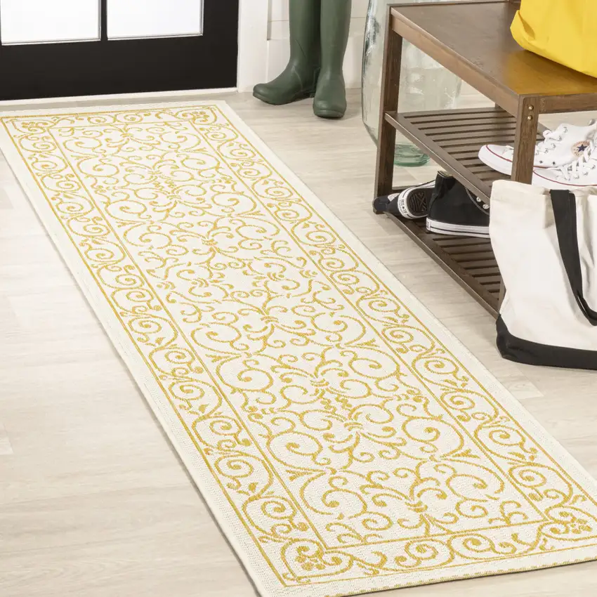 8' Cream And Yellow Medallion Indoor Outdoor Runner Rug Photo 4