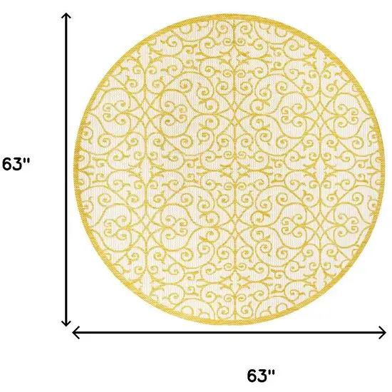 5' Cream And Yellow Round Geometric Indoor Outdoor Area Rug Photo 9