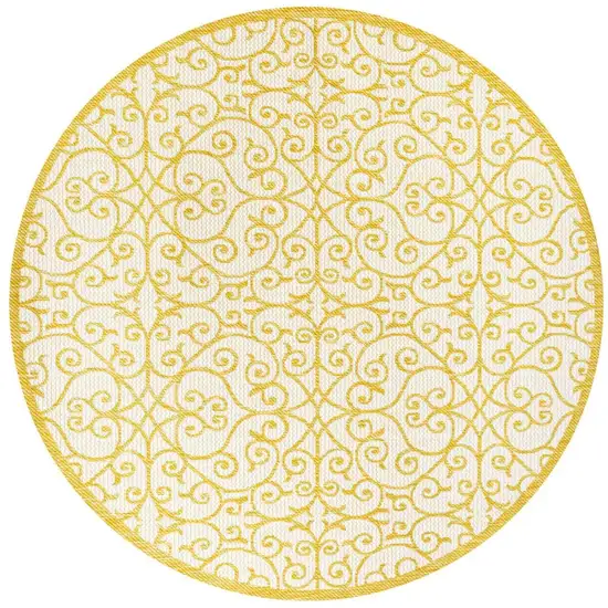 5' Cream And Yellow Round Geometric Indoor Outdoor Area Rug Photo 3