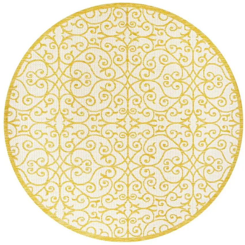 5' Cream And Yellow Round Geometric Indoor Outdoor Area Rug Photo 3