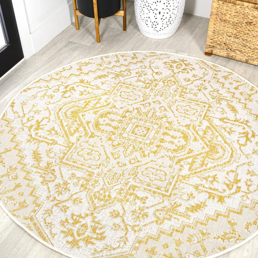 5' Cream And Yellow Round Medallion Indoor Outdoor Area Rug Photo 4