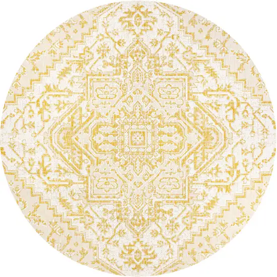 5' Cream And Yellow Round Medallion Indoor Outdoor Area Rug Photo 1