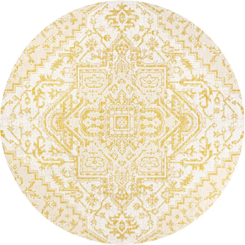 5' Cream And Yellow Round Medallion Indoor Outdoor Area Rug Photo 1
