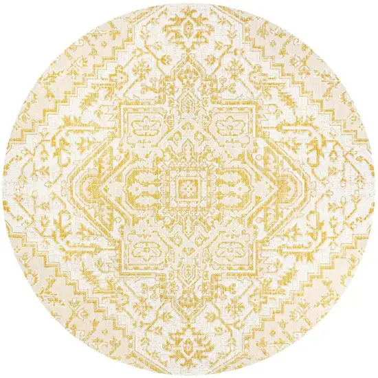 5' Cream And Yellow Round Medallion Indoor Outdoor Area Rug Photo 3
