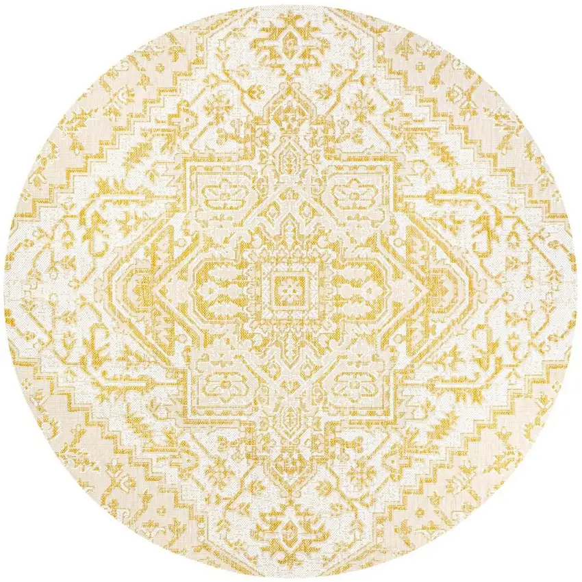 5' Cream And Yellow Round Medallion Indoor Outdoor Area Rug Photo 3