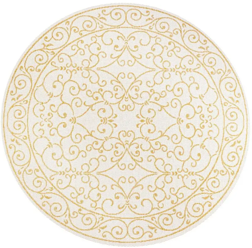 5' Cream And Yellow Round Medallion Indoor Outdoor Area Rug Photo 2