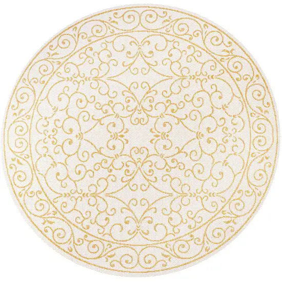 5' Cream And Yellow Round Medallion Indoor Outdoor Area Rug Photo 3