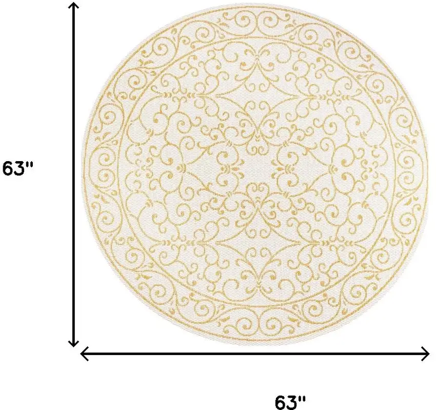 5' Cream And Yellow Round Medallion Indoor Outdoor Area Rug Photo 9