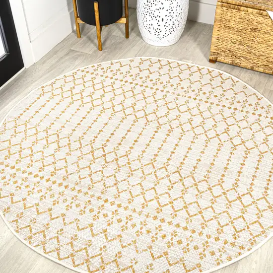 5' Cream And Yellow Round Trellis Indoor Outdoor Area Rug Photo 4