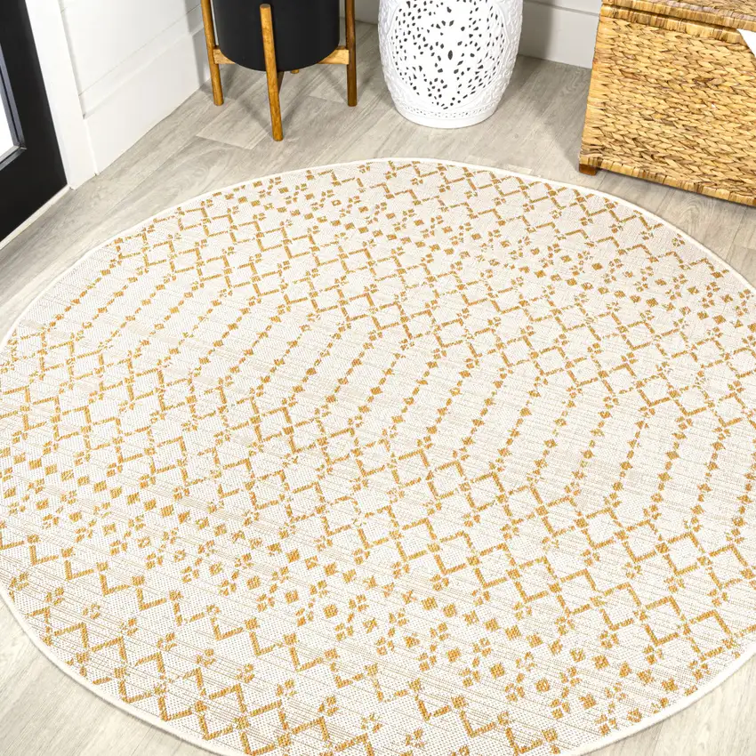 5' Cream And Yellow Round Trellis Indoor Outdoor Area Rug Photo 4