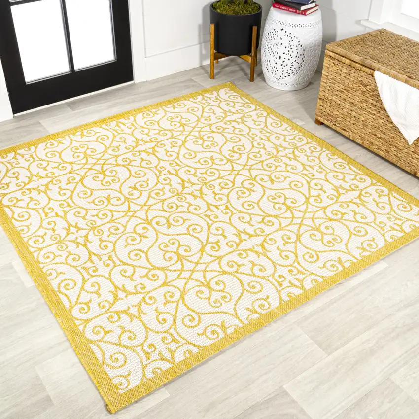 5' Cream And Yellow Square Geometric Indoor Outdoor Area Rug Photo 4