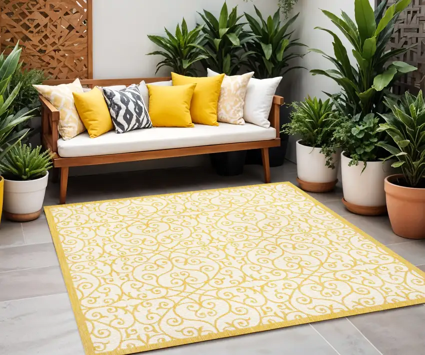5' Cream And Yellow Square Geometric Indoor Outdoor Area Rug Photo 1