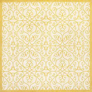Photo of 5' Cream And Yellow Square Geometric Indoor Outdoor Area Rug