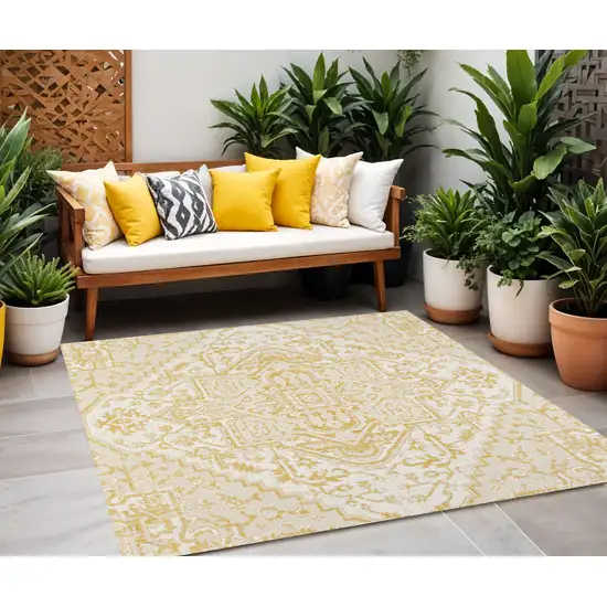 5' Cream And Yellow Square Medallion Indoor Outdoor Area Rug Photo 1