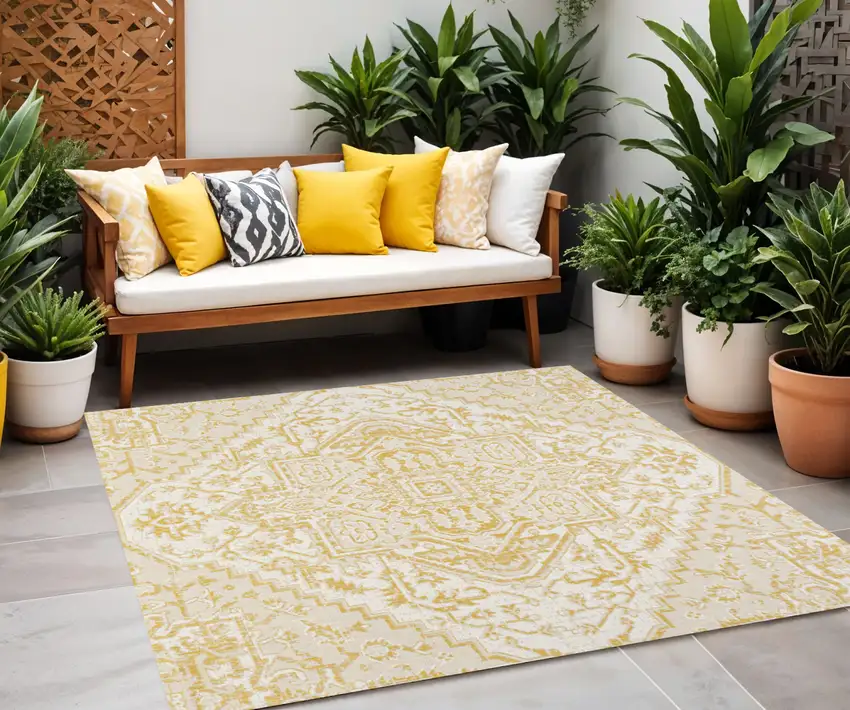 5' Cream And Yellow Square Medallion Indoor Outdoor Area Rug Photo 1