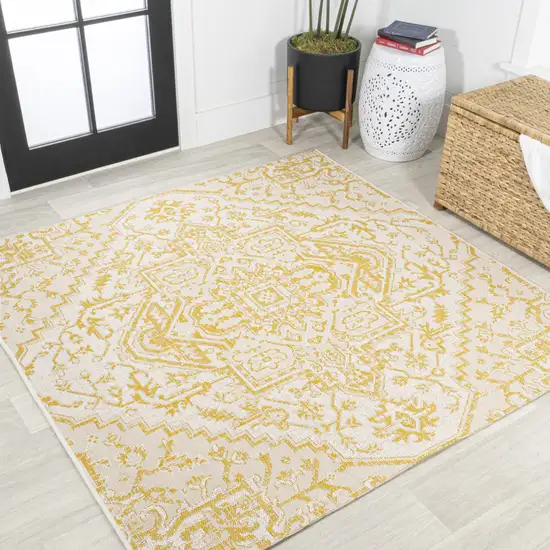 5' Cream And Yellow Square Medallion Indoor Outdoor Area Rug Photo 4