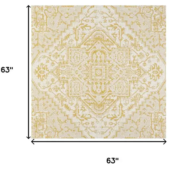 5' Cream And Yellow Square Medallion Indoor Outdoor Area Rug Photo 9