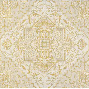 Photo of 5' Cream And Yellow Square Medallion Indoor Outdoor Area Rug