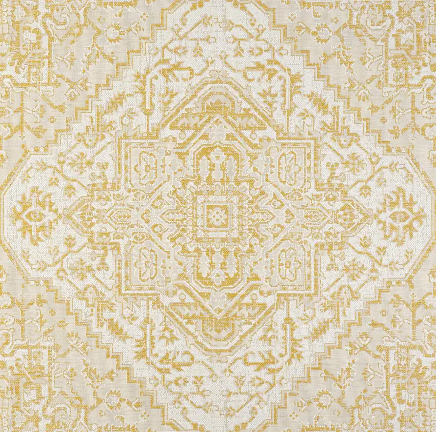 5' Cream And Yellow Square Medallion Indoor Outdoor Area Rug Photo 1