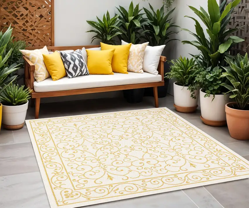 5' Cream And Yellow Square Medallion Indoor Outdoor Area Rug Photo 1