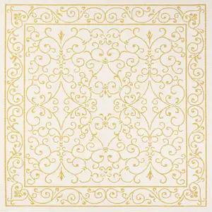 Photo of 5' Cream And Yellow Square Medallion Indoor Outdoor Area Rug