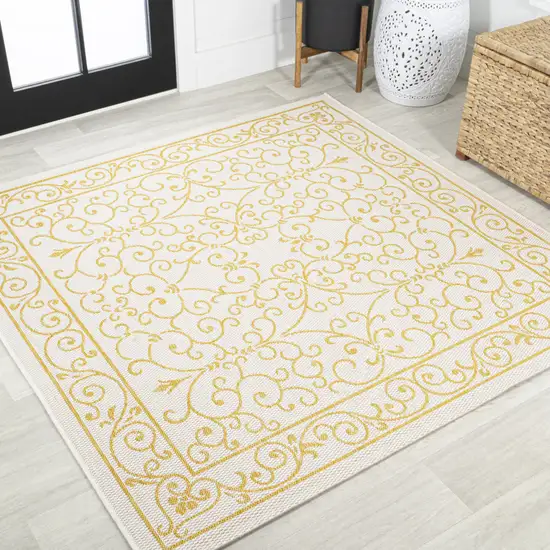 5' Cream And Yellow Square Medallion Indoor Outdoor Area Rug Photo 4