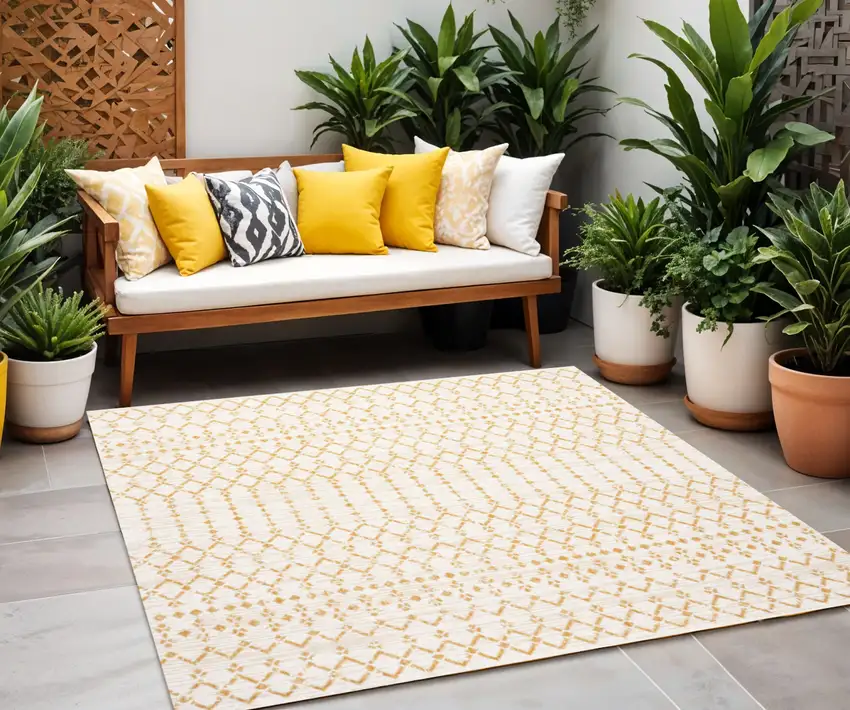 5' Cream And Yellow Square Trellis Indoor Outdoor Area Rug Photo 1