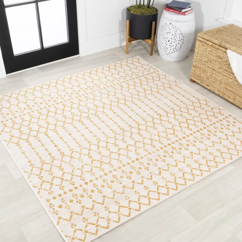 5' Cream And Yellow Square Trellis Indoor Outdoor Area Rug Photo 2